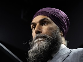 New Democratic Party leader Jagmeet Singh speaks with the media on Parliament Hill, Tuesday, Sept. 26, 2023 in Ottawa.