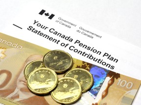 A Canada Pension Plan contribution statement with a $100 banknote and dollar coins.