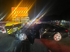 A damaged car is shown after a collision.