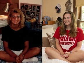 Laura Everett Bowling, left, sits in her first-year dorm room in 1990. Sarah Bowling, 18, sits in her dorm room, the same one her mom was assigned in 1990.