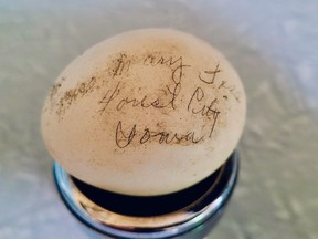 The egg that Mary Foss Starn signed and slipped into a carton in 1951. Starn, now 92, recently heard from John Amalfitano, the egg's latest owner. John Amalfitano photo