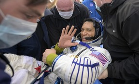 In this handout provided by NASA, Expedition 69 NASA astronaut Frank Rubio is helped out of the Soyuz MS-23 spacecraft just minutes after he and Roscosmos cosmonauts Sergey Prokopyev and Dmitri Petelin, landed in a remote area near the town of Zhezkazgan, Kazakhstan on Sept. 27, 2023.