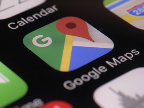 FILE - The Google Maps app is seen on a smartphone, March 22, 2017, in New York. On Tuesday, Sept. 19, 2023, the family of a North Carolina man who died after driving his car off a collapsed bridge while following Google Maps directions filed a lawsuit against the technology giant for negligence, claiming it had been informed of the collapse but failed to update its navigation system.
