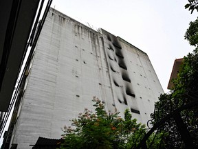 This picture shows the damage on a 10-storey building after a major fire at an apartment block in Hanoi on Sept. 13, 2023.