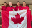 Peel Police officers (left) Bob Hackenbrook, Trevor Heck (second from right) and Paul Kim (right) dropped by Don Cherry's home to get ready for the upcoming Run to Remember in honour of far too many fallen police officers -- Peel Police photo