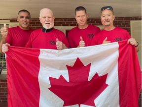 Peel Police officers Bob Hackenbrook, Trevor Heck and Paul Kim dropped by Don Cherry's home to get ready for the upcoming Run to Remember in honour of far too many fallen police officers -- Peel Police photo