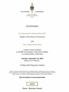 Invitation for a dinner at The Speaker of the House of Commons official Kingsmere residence known as The Farm.