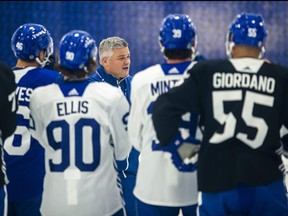Maple Leafs head coach Sheldon Keefe leads training camp at the Ford Performance Centre in the Etobicoke area of Toronto on Thursday, Sept. 21, 2023.