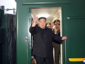 This picture taken on Sept. 10, 2023 and released from North Korea's official Korean Central News Agency (KCNA) on Sept. 12, 2023 shows North Korea's leader Kim Jong Un waving as he departs by train from Pyongyang for a visit to Russia.