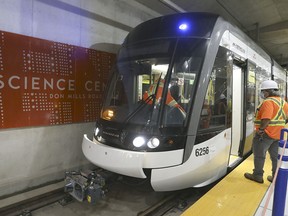Eglinton LRT train during a test at the Ontario Science Centre station in 2021