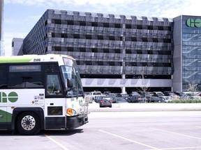 A bus is seen outside the parking lot at the Bramalea GO Station.