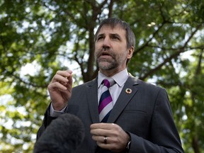 Minister of Environment and Climate Change Steven Guilbeault speaks with media outside the United Nations, in New York, Wednesday, Sept. 20, 2023.