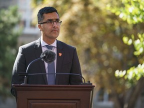 Dr. Adil Shamji speaks at a ceremony for the unveiling of the Platinum Jubilee Garden at Queen's Park, in Toronto, Friday, Sept. 30, 2022.