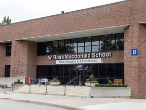 A coroner's jury looking into the 2018 death of an 18-year-old at an Ontario school for blind children has released its recommendations. The W. Ross Macdonald School for the Blind in Brantford Ont., is shown Aug. 30, 2023.