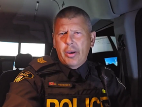 OPP Sgt. Kerry Schmidt speaks about a hit-run on Hwy. 401 on Tuesday, Sept. 12, 2023.