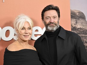 Hugh Jackman, right., and Deborra-Lee Furness Jackman attend the premiere of Apple Original Films' "Ghosted" in New York on April 18, 2023.