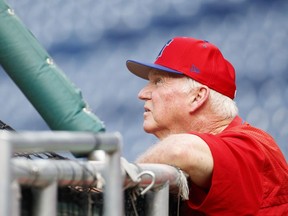 Philadelphia Phillies hitting coach Charlie Manuel looks on prior to the first inning of a baseball game against the Chicago Cubs, Aug. 14, 2019, in Philadelphia.