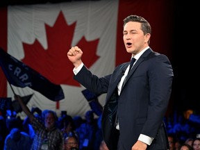 Conservative Leader Pierre Poilievre speaks to delegates at the Conservative Party convention in Quebec City