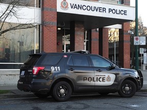 A police cruiser is seen outside VPD headquarters in Vancouver.