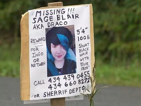 Sign of then-missing Virginia teen Sage Blair.