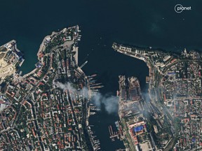 This handout satellite image released on Sept. 23, 2023 by Planet Labs PBC shows an aerial view of the city of Sevastopol after a missile attack