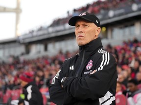 Toronto FC coach Bob Bradley looks on during first half MLS action against New York Red Bulls in Toronto on Wednesday May 17, 2023. Bradley, fired in June by the MLS club, has returned to Norwegian club side Stabaek.THE CANADIAN PRESS/Chris Young