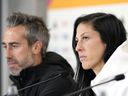 FILE - Spain's Jennifer Hermoso (right) and head coach Jorge Vilda listen to reporters' questions during a news conference at Eden Park before the Women's World Cup semifinal match between Spain and Sweden in Auckland, New Zealand, Monday, August 14, 2023. Jenni Hermoso said on Friday, August 25, that she had “at no moment” consented to a kiss on the lips from Football Association President Luis Rubiales. Hermoso issued a statement through their union just hours after Rubiales claimed in an emergency meeting of the Spanish Football Federation that the kiss was consensual.