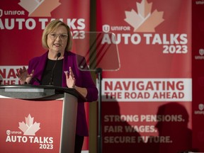 Lana Payne, Unifor National president, announces Ford as the target company for the current round of negotiations with Detroit Three during a press conference in Toronto, Tuesday, Aug. 29, 2023.