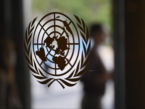 The UN logo is seen on a door at the United Nations headquarters ahead of the 78th session of the United Nations General Assembly in New York City