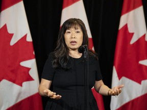 Minister of Export Promotion, International Trade and Economic Development Mary Ng speaks to reporters during the Liberal Cabinet retreat in Charlottetown, Tuesday, Aug. 22, 2023.