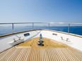 Wide angle shot of the front of a yacht.