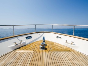 Wide angle shot of the front of a yacht.