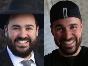 Same man in two photos, one in his rabbi clothes, the other in t-shirt and backwards hat