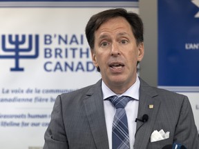 B’Nai Brith Canada CEO Michael Mostyn speaks at a press conference in Montreal on Thursday, Sept. 8, 2022.