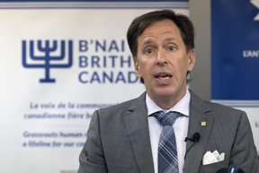 B’Nai Brith Canada CEO Michael Mostyn speaks at a press conference in Montreal on Thursday, Sept. 8, 2022.