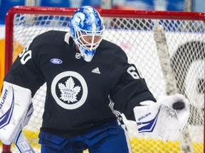 Goalie Joseph Woll makes a save during the first day of the Toronto Maple Leafs training camp.