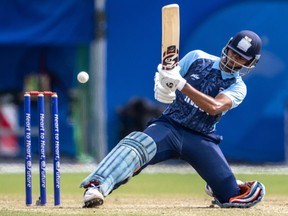 India's Yashasvi Jaiswal plays a shot during a cricket match.