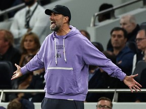 Liverpool manager Jurgen Klopp reacts during the English Premier League football match between Tottenham Hotspur and Liverpool.