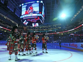 The 48th Highlanders during pregame ceremony before the Toronto Maple Leafs take on the Montreal Canadiens in 2015.