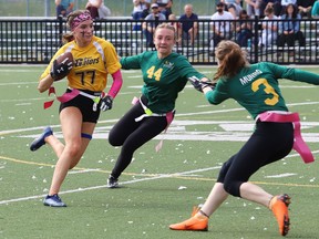 Sierra Boyuk, left, of Bishop Alexander Carter Gators, attempts to evade Liz Uguccioni, middle, and Keyna Munro of Lockerby Vikings.