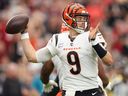 Joe Burrow of the Cincinnati Bengals throws a pass against the Arizona Cardinals during the second quarter at State Farm Stadium on October 8, 2023 in Glendale, Ariz. 