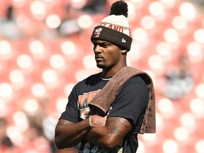 Deshaun Watson of the Cleveland Browns looks on prior to a game against the Baltimore Ravens.