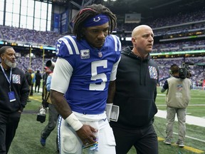 Indianapolis Colts quarterback Anthony Richardson (5) leaves the field after being injured.