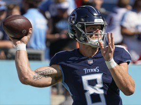 Tennessee Titans quarterback Will Levis warms up before an NFL football game against the Cincinnati Bengals.