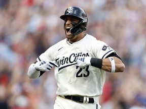 Royce Lewis of the Minnesota Twins celebrates after hitting a two-run home run.