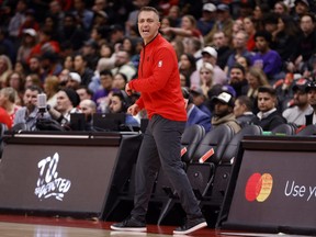 Head coach Darko Rajakovic of the Toronto Raptors yells to the court during the first half of an exhibition game at Scotiabank Arena on October 15, 2023 in Toronto.