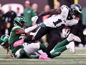 A.J. Brown of the Philadelphia Eagles breaks a tackle.
