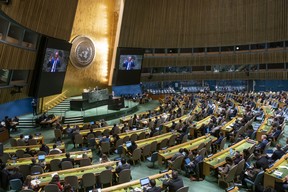 Permanent Representative of Israel to the United Nations Gilad Erdan speaks at the General Assembly during the 10th Emergency Special Session at the 39th plenary meeting at the United Nations in New York City on Wednesday, Oct. 26, 2023.