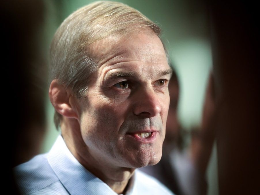 Rep. Jim Jordan (R-OH) speaks to the media as he leaves a closed-door House Republican meeting at the U.S. Capitol on October 20, 2023 in Washington, DC.  