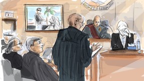 Peter Nygard, left to right, lawyer Brian Greenspan, Crown attorney Neville Golwalla, Justice Robert Goldstein and the complainant are shown in court during the Peter Nygard trial in Toronto on Tuesday, Oct. 3, 2023.